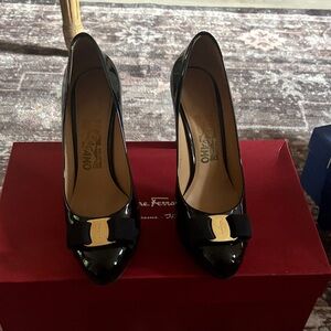 Salvatore Ferragamo Black Patent Heels with Gold Accent